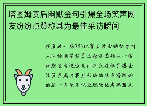 塔图姆赛后幽默金句引爆全场笑声网友纷纷点赞称其为最佳采访瞬间