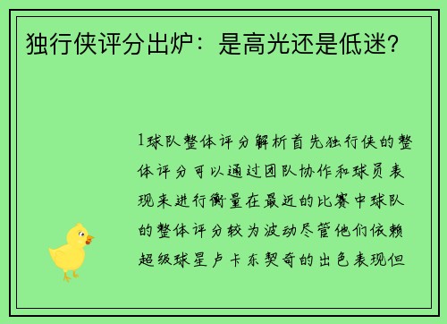 独行侠评分出炉：是高光还是低迷？